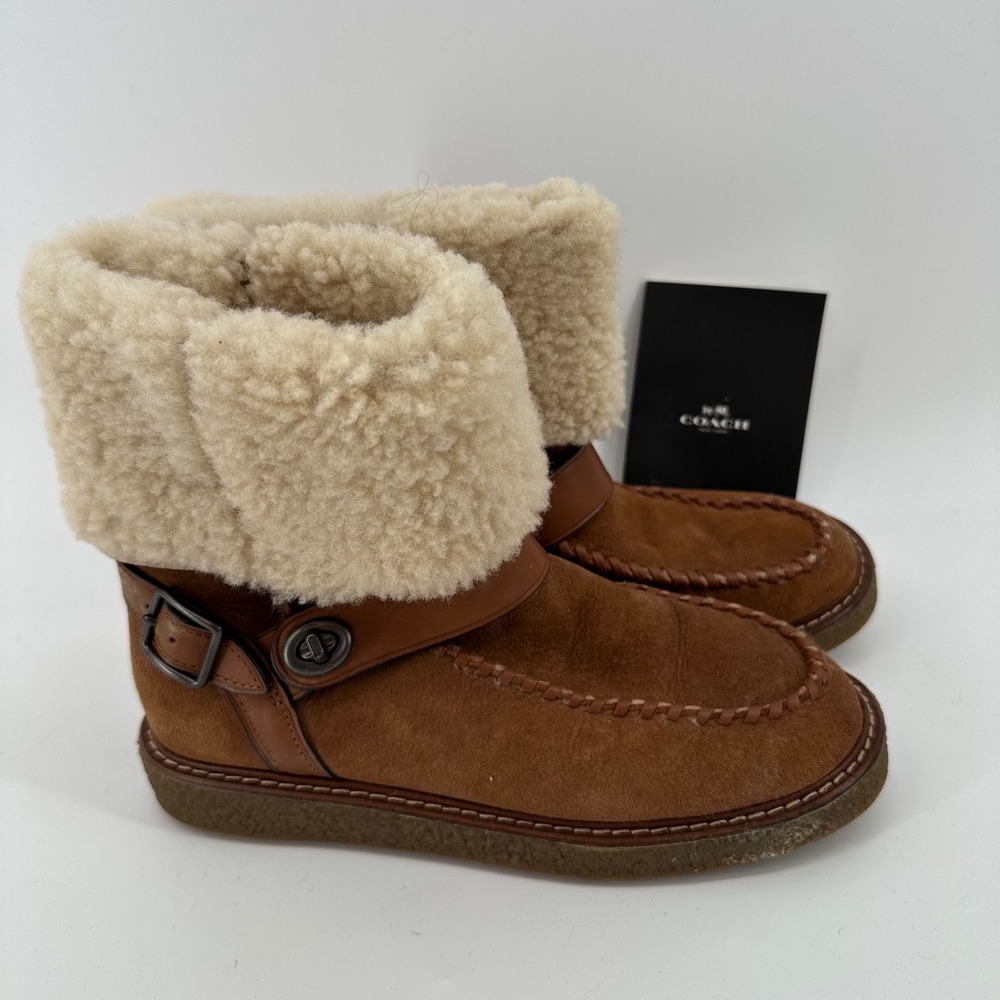 Coach G1433 Womens Tan Suede Moto Shearling Fur Lined Moccasin Boots Size‎ 7B